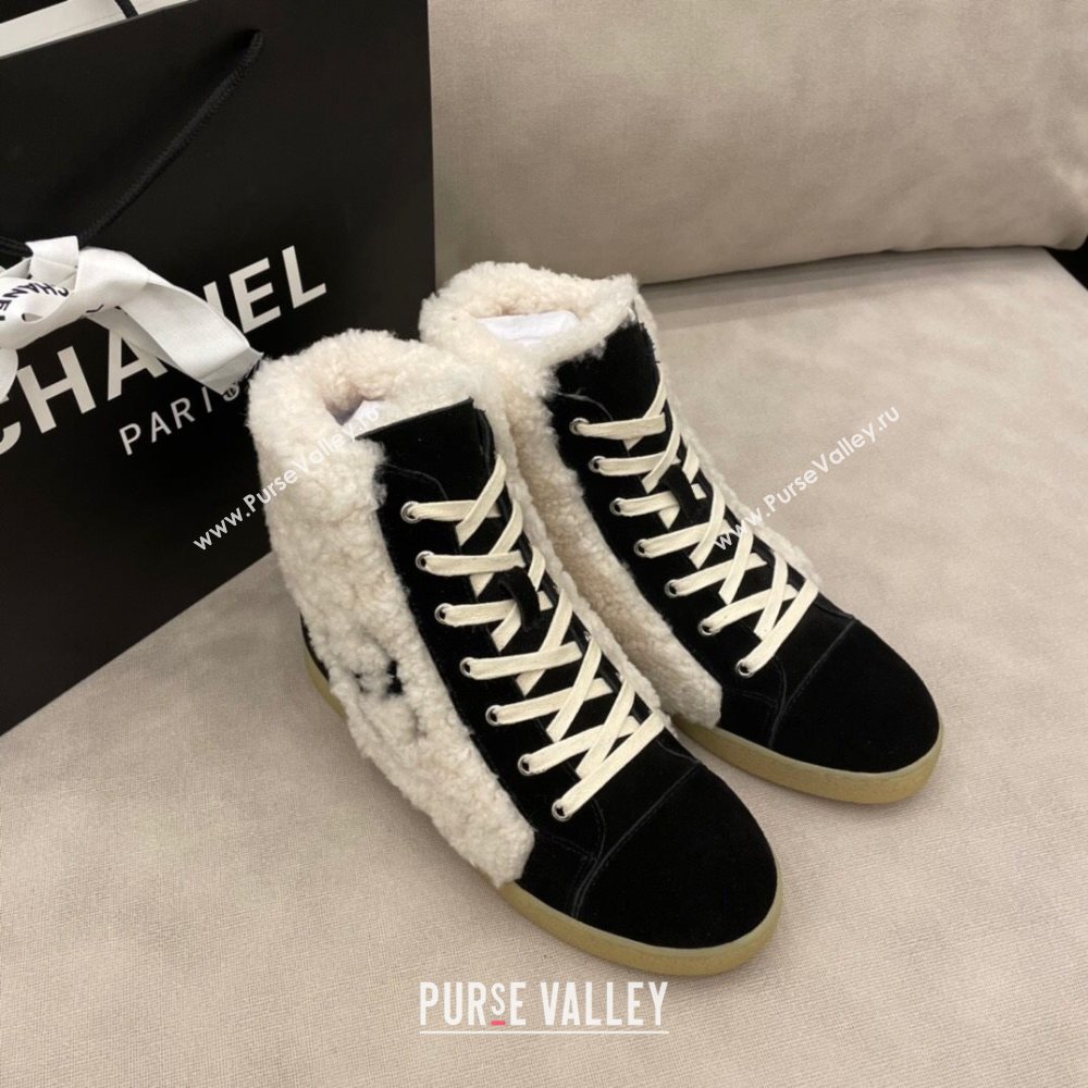 Chanel Suede and CC Shearling Wool Short Boots Black 2020 (DLY-20120424)