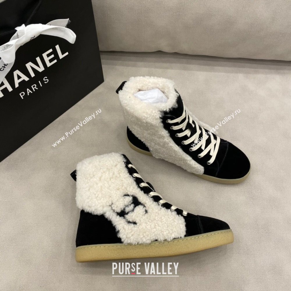 Chanel Suede and CC Shearling Wool Short Boots Black 2020 (DLY-20120424)