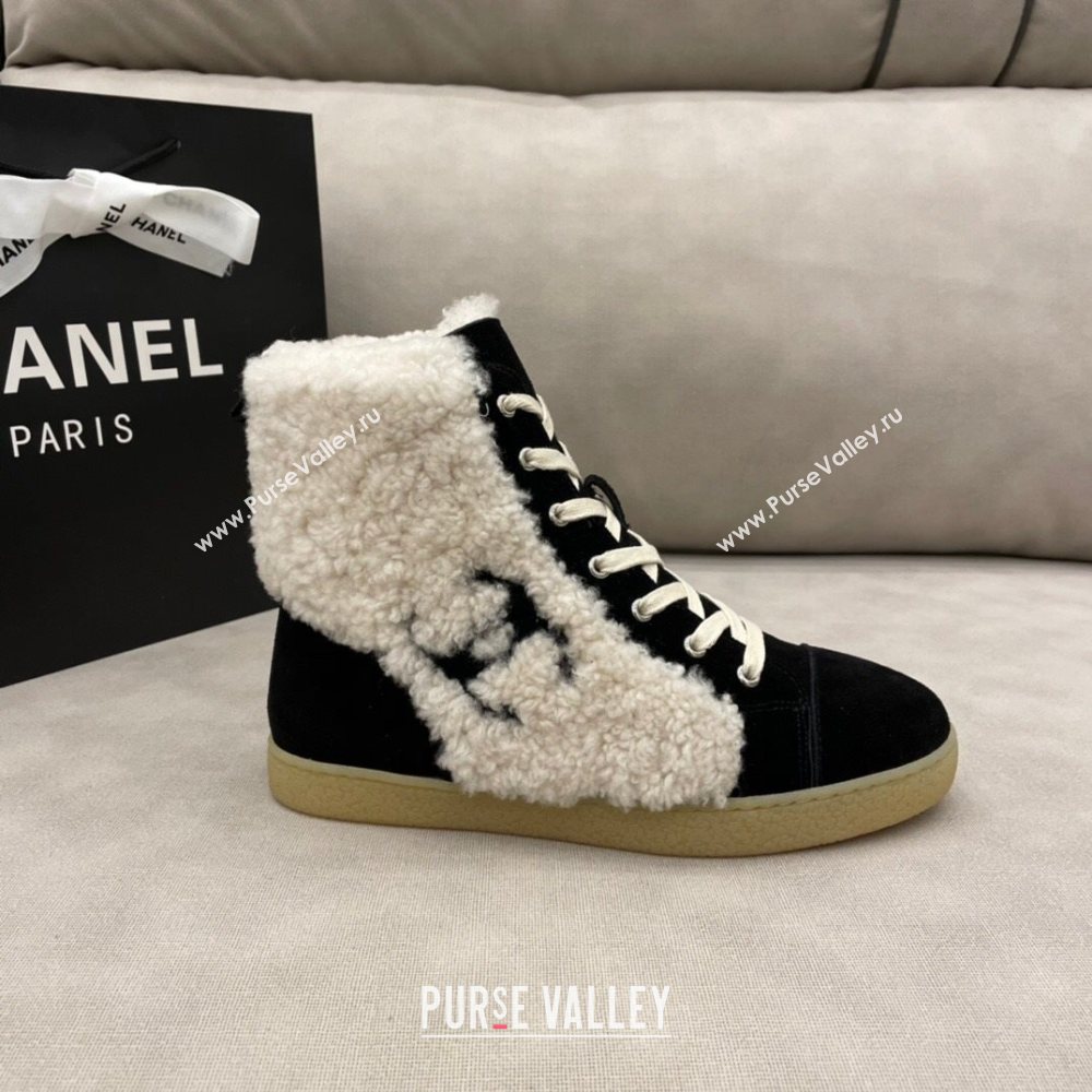 Chanel Suede and CC Shearling Wool Short Boots Black 2020 (DLY-20120424)