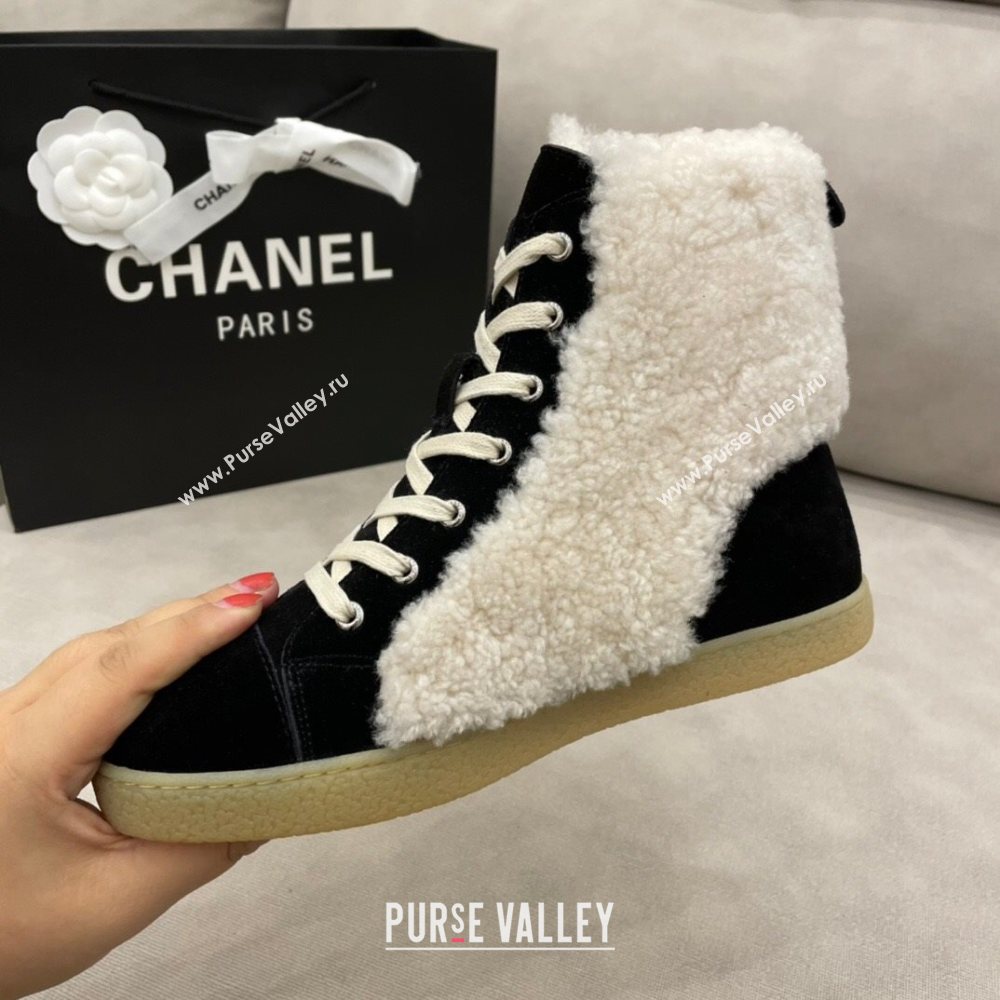 Chanel Suede and CC Shearling Wool Short Boots Black 2020 (DLY-20120424)