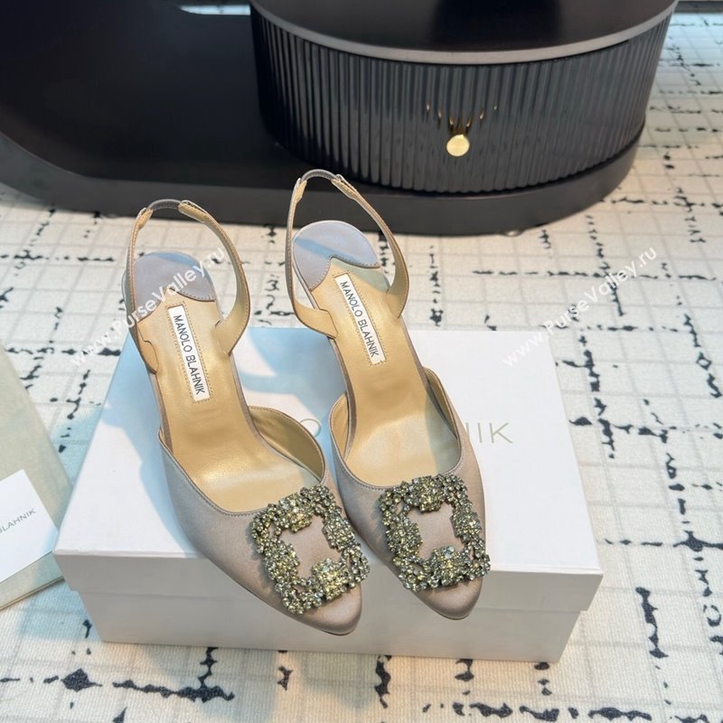 Manolo Blahnik Hangisi Satin Slingback Pumps 7cm with Strass Buckle Grey2 2024 (KL-241225041)