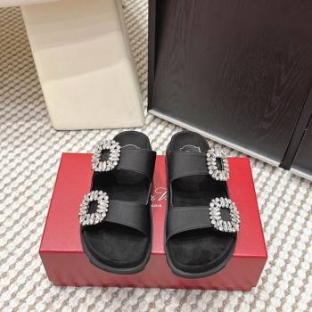 Roger Vivier Slidy Viv Strass Buckle Flat Slides Sandal in Satin Black 2026 0224 (KL-260225047)