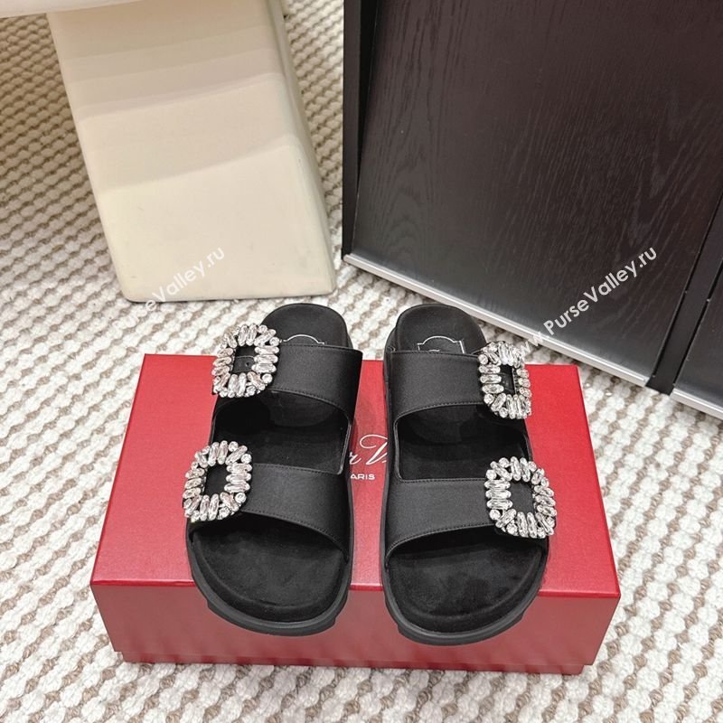 Roger Vivier Slidy Viv Strass Buckle Flat Slides Sandal in Satin Black 2026 0224 (KL-260225047)