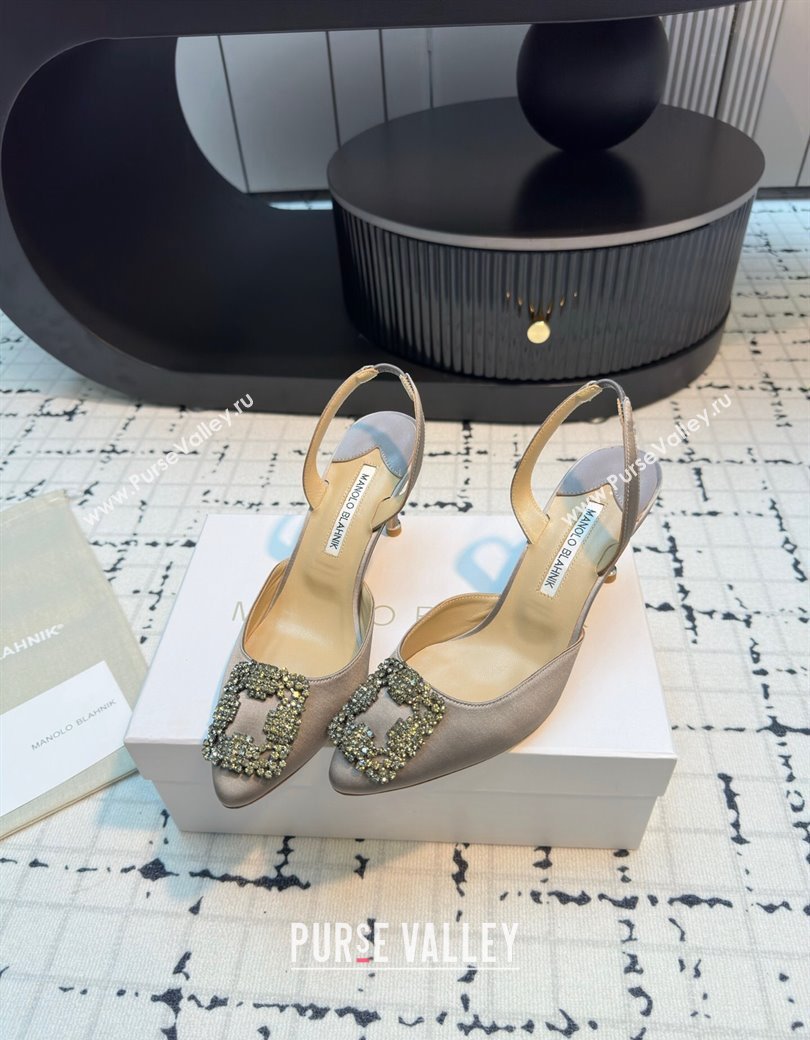 Manolo Blahnik Hangisi Satin Slingback Pumps 7cm with Strass Buckle Grey2 2024 (KL-241225041)