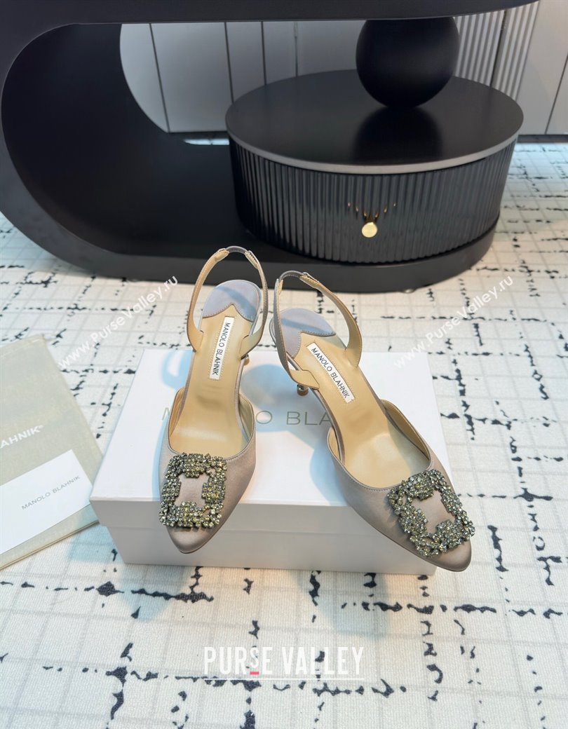 Manolo Blahnik Hangisi Satin Slingback Pumps 7cm with Strass Buckle Grey2 2024 (KL-241225041)