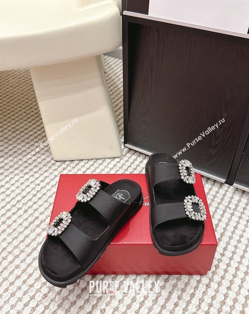 Roger Vivier Slidy Viv Strass Buckle Flat Slides Sandal in Satin Black 2026 0224 (KL-260225047)