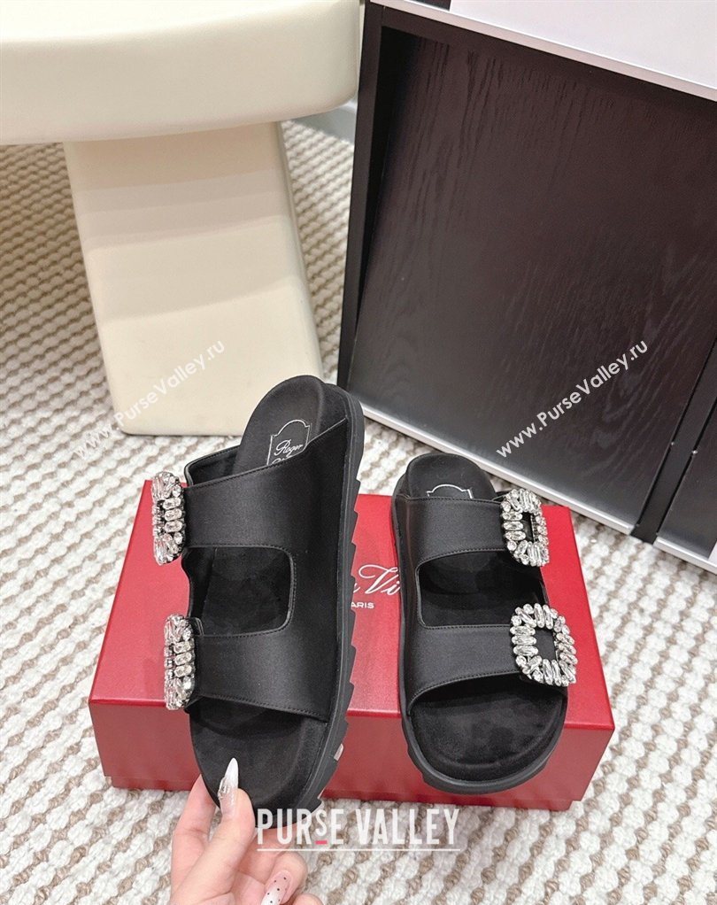 Roger Vivier Slidy Viv Strass Buckle Flat Slides Sandal in Satin Black 2026 0224 (KL-260225047)