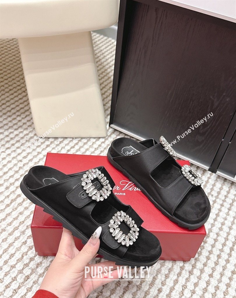 Roger Vivier Slidy Viv Strass Buckle Flat Slides Sandal in Satin Black 2026 0224 (KL-260225047)