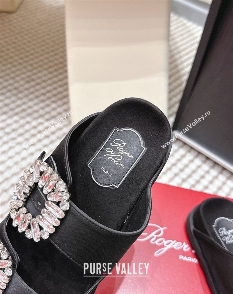 Roger Vivier Slidy Viv Strass Buckle Flat Slides Sandal in Satin Black 2026 0224 (KL-260225047)