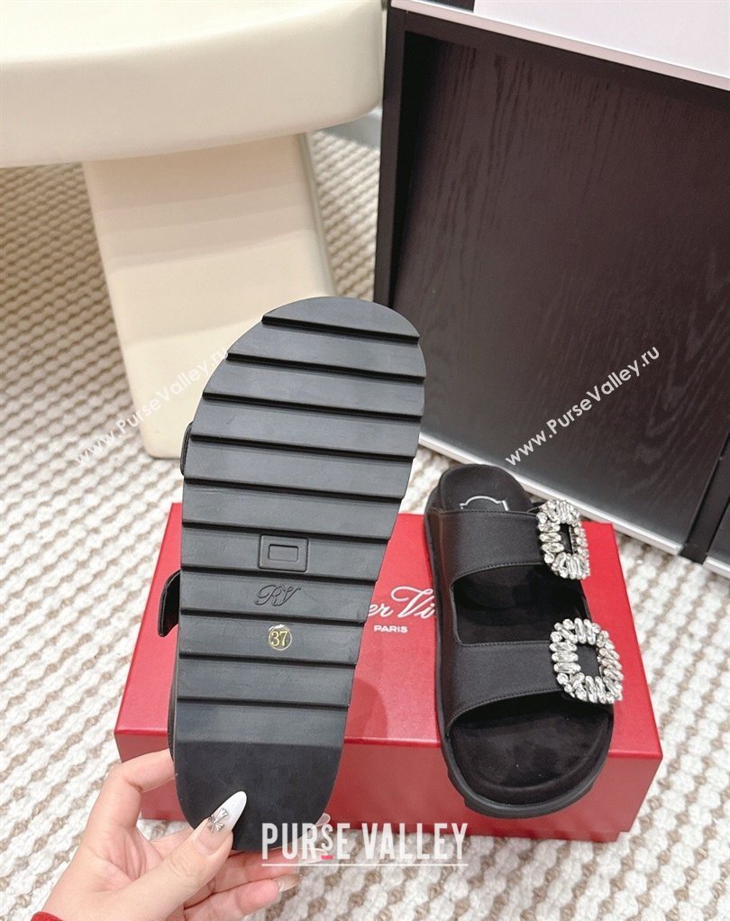 Roger Vivier Slidy Viv Strass Buckle Flat Slides Sandal in Satin Black 2026 0224 (KL-260225047)