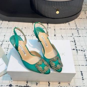 Manolo Blahnik Hangisi Satin Slingback Pumps 7cm with Strass Buckle Green 2024 (KL-241225044)