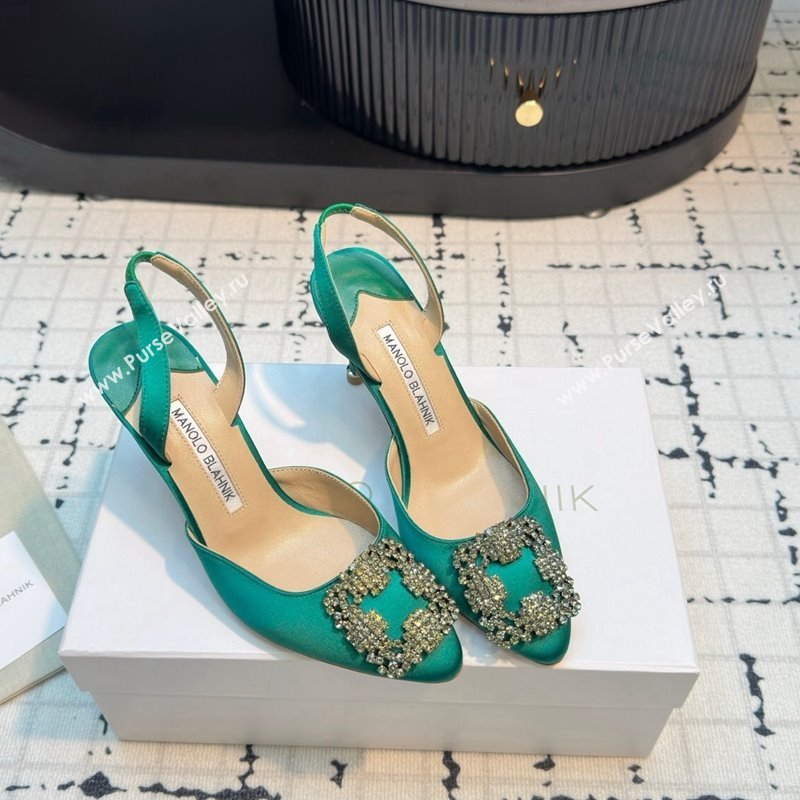 Manolo Blahnik Hangisi Satin Slingback Pumps 7cm with Strass Buckle Green 2024 (KL-241225044)