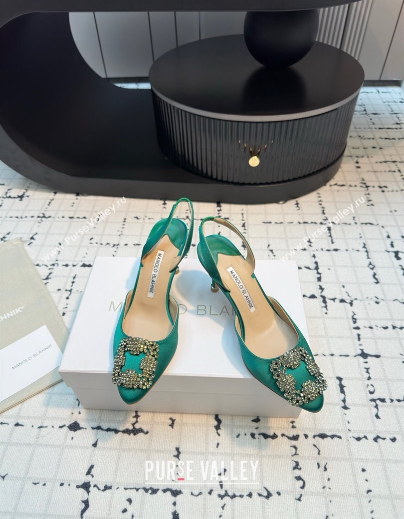 Manolo Blahnik Hangisi Satin Slingback Pumps 7cm with Strass Buckle Green 2024 (KL-241225044)