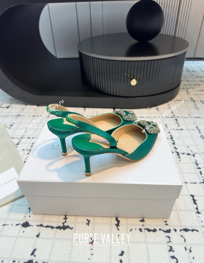 Manolo Blahnik Hangisi Satin Slingback Pumps 7cm with Strass Buckle Green 2024 (KL-241225044)