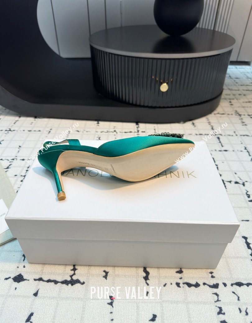 Manolo Blahnik Hangisi Satin Slingback Pumps 7cm with Strass Buckle Green 2024 (KL-241225044)