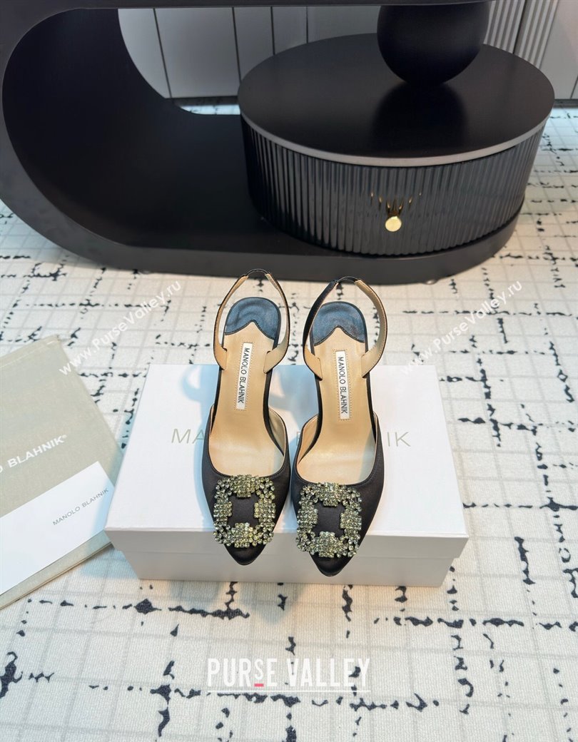 Manolo Blahnik Hangisi Satin Slingback Pumps 7cm with Strass Buckle Black 2024 (KL-241225045)