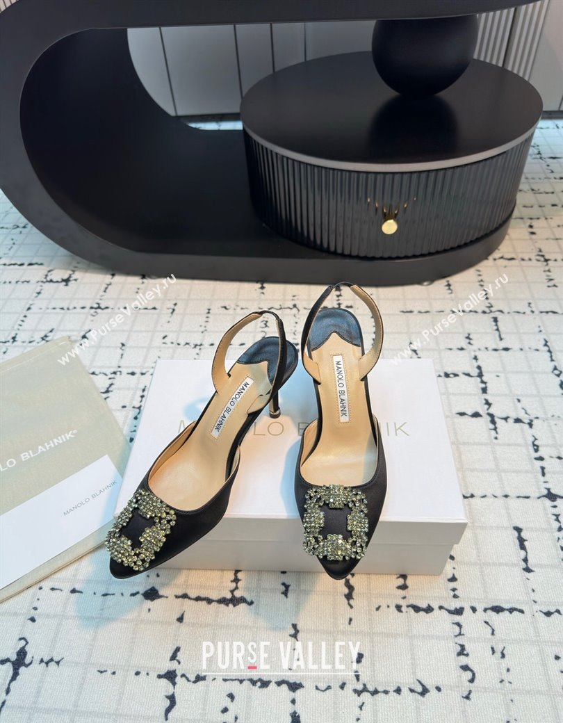 Manolo Blahnik Hangisi Satin Slingback Pumps 7cm with Strass Buckle Black 2024 (KL-241225045)