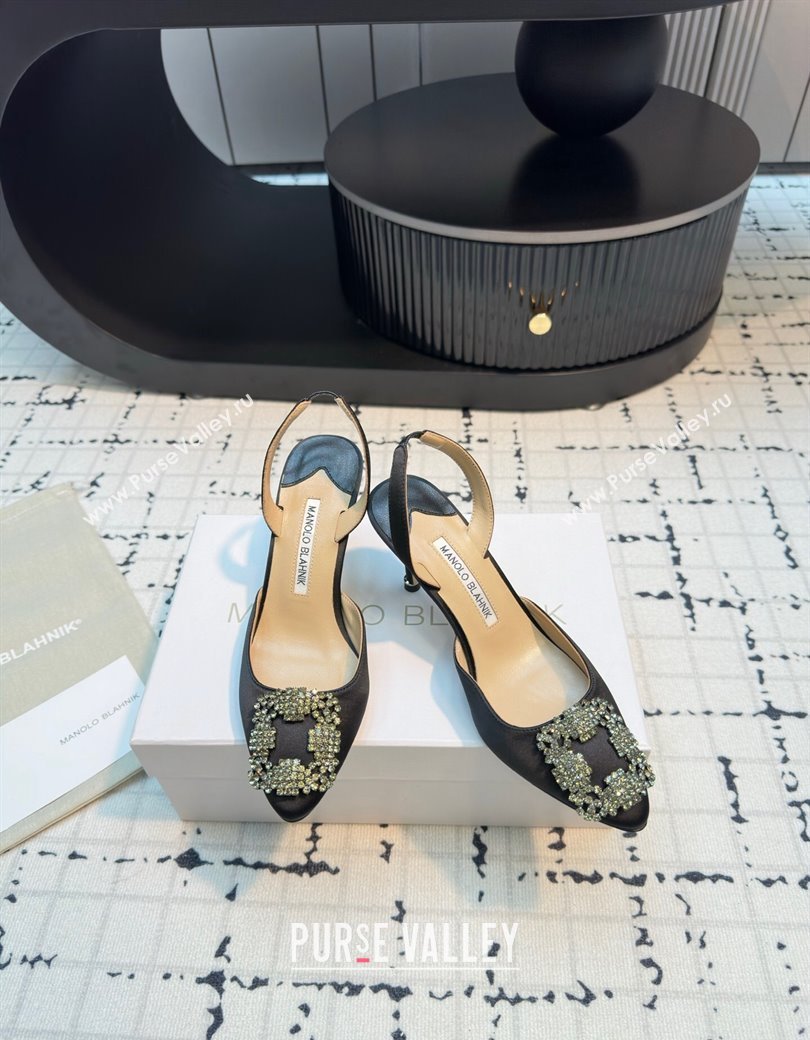 Manolo Blahnik Hangisi Satin Slingback Pumps 7cm with Strass Buckle Black 2024 (KL-241225045)