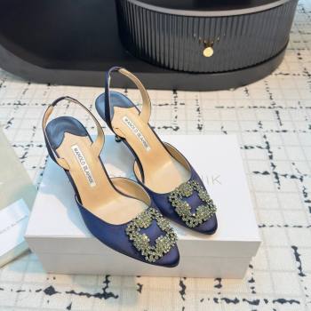 Manolo Blahnik Hangisi Satin Slingback Pumps 7cm with Strass Buckle Dark Blue 2024 (KL-241225046)