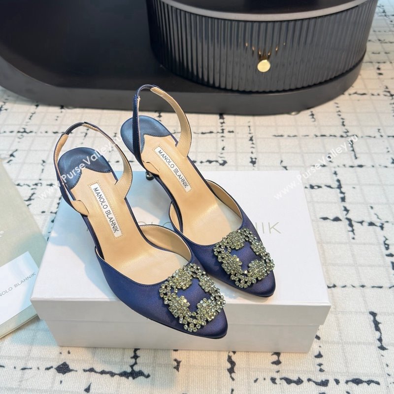 Manolo Blahnik Hangisi Satin Slingback Pumps 7cm with Strass Buckle Dark Blue 2024 (KL-241225046)