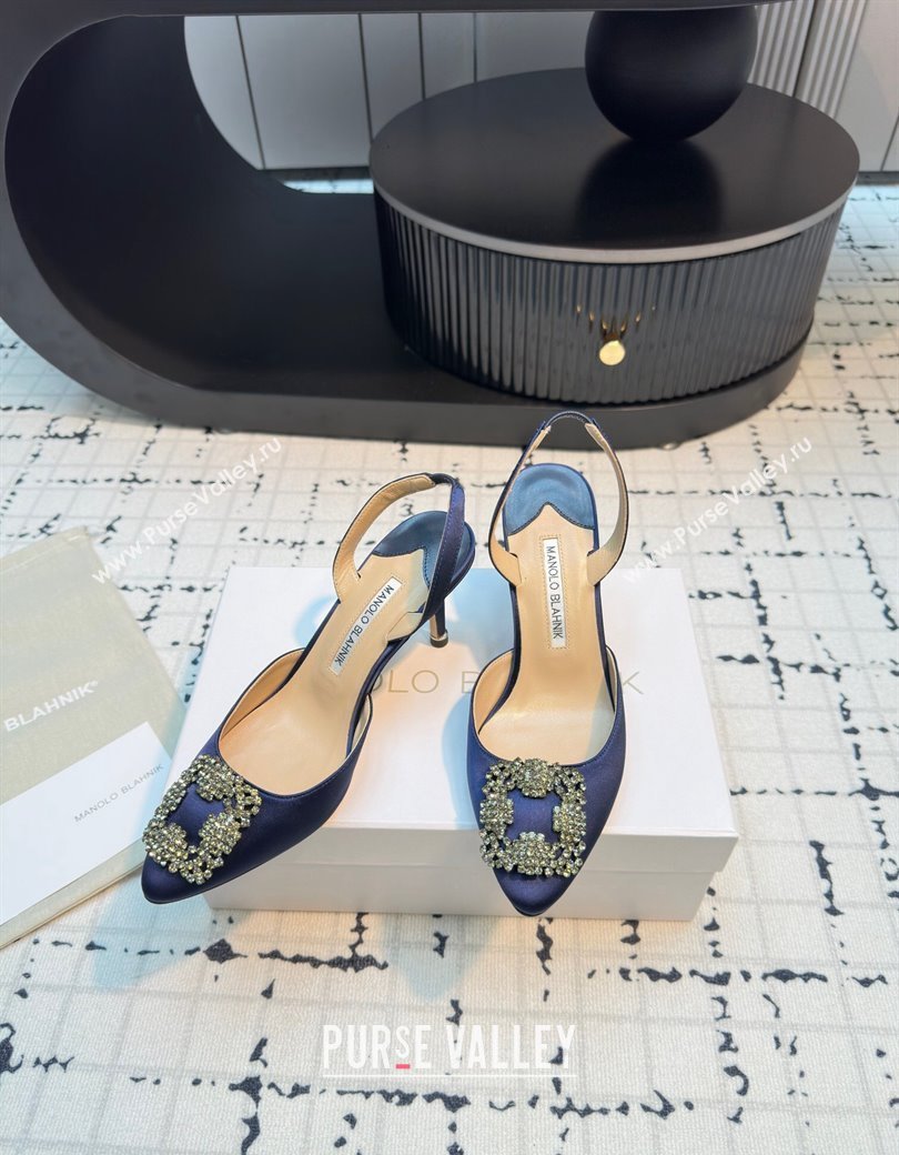 Manolo Blahnik Hangisi Satin Slingback Pumps 7cm with Strass Buckle Dark Blue 2024 (KL-241225046)