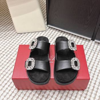 Roger Vivier Slidy Viv Strass Buckle Flat Slides Sandal in Leather Black 2026 0224 (KL-260225051)