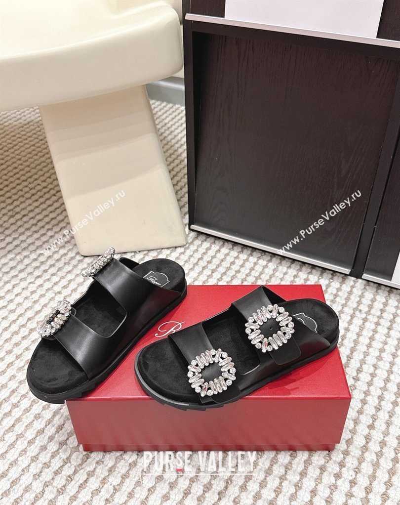 Roger Vivier Slidy Viv Strass Buckle Flat Slides Sandal in Leather Black 2026 0224 (KL-260225051)