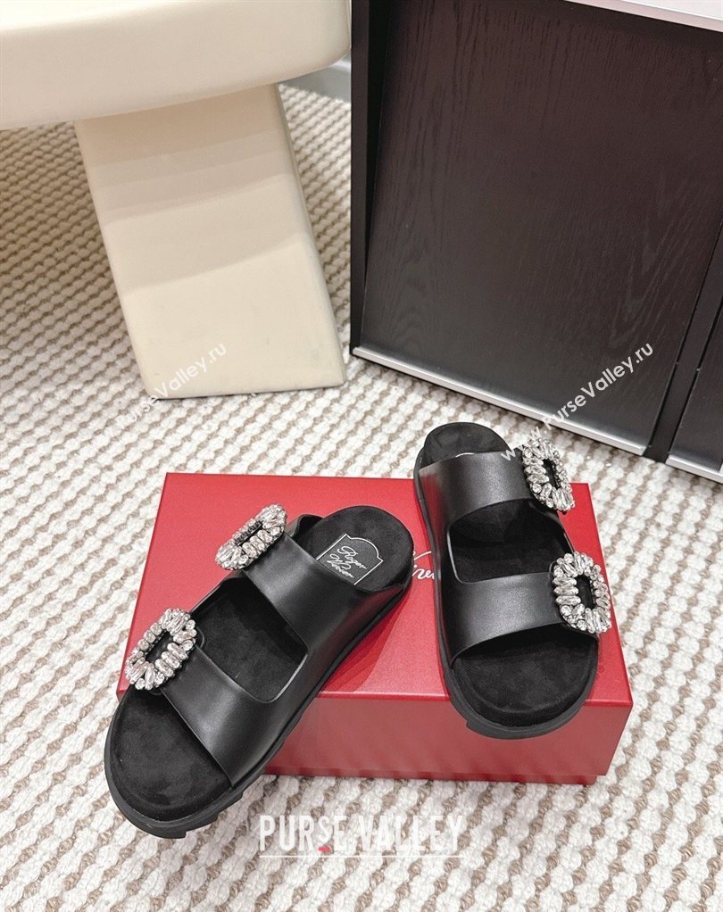 Roger Vivier Slidy Viv Strass Buckle Flat Slides Sandal in Leather Black 2026 0224 (KL-260225051)