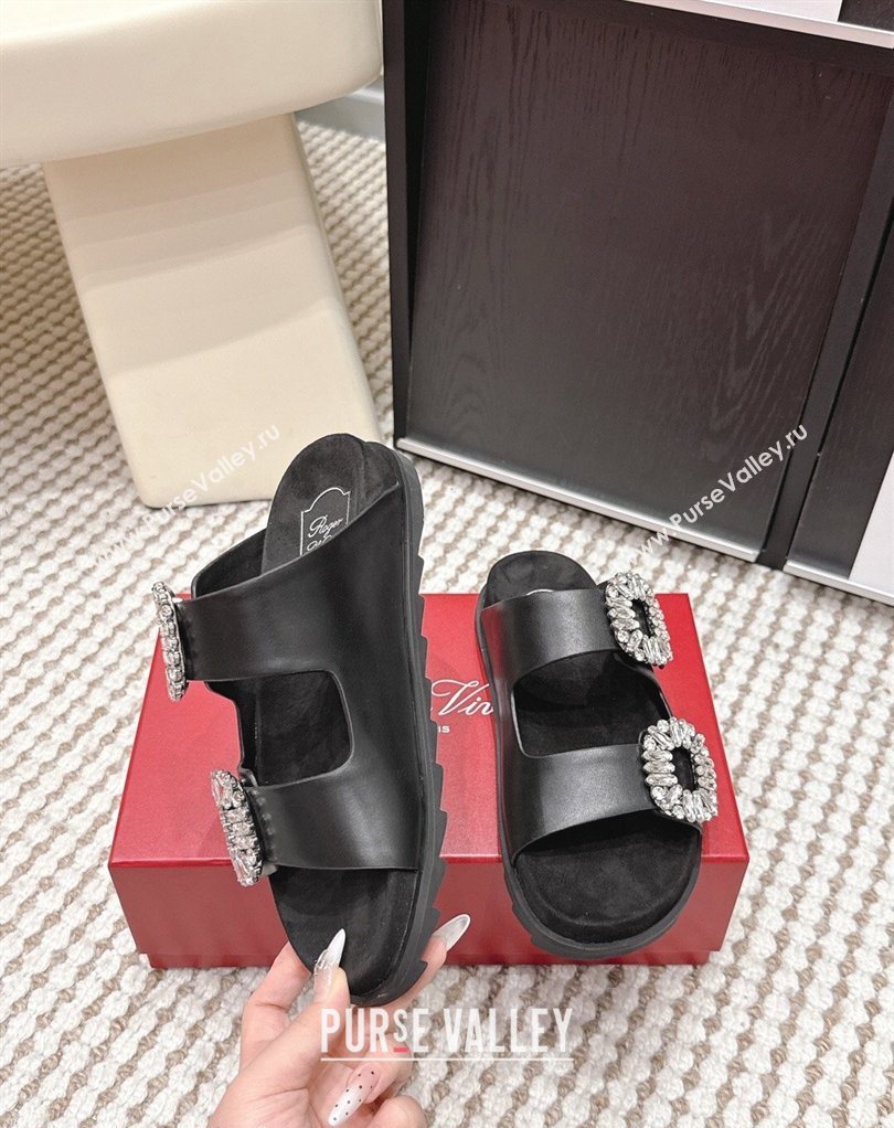 Roger Vivier Slidy Viv Strass Buckle Flat Slides Sandal in Leather Black 2026 0224 (KL-260225051)