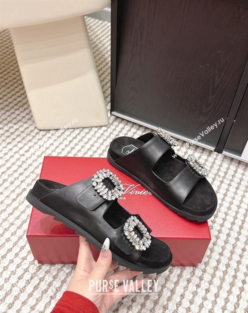 Roger Vivier Slidy Viv Strass Buckle Flat Slides Sandal in Leather Black 2026 0224 (KL-260225051)