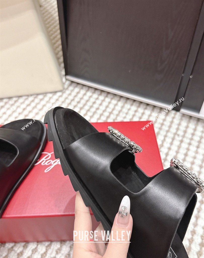 Roger Vivier Slidy Viv Strass Buckle Flat Slides Sandal in Leather Black 2026 0224 (KL-260225051)