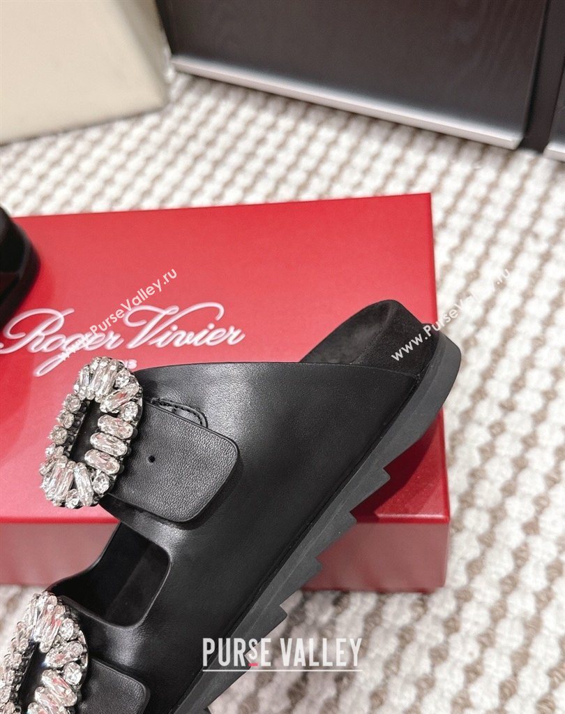 Roger Vivier Slidy Viv Strass Buckle Flat Slides Sandal in Leather Black 2026 0224 (KL-260225051)