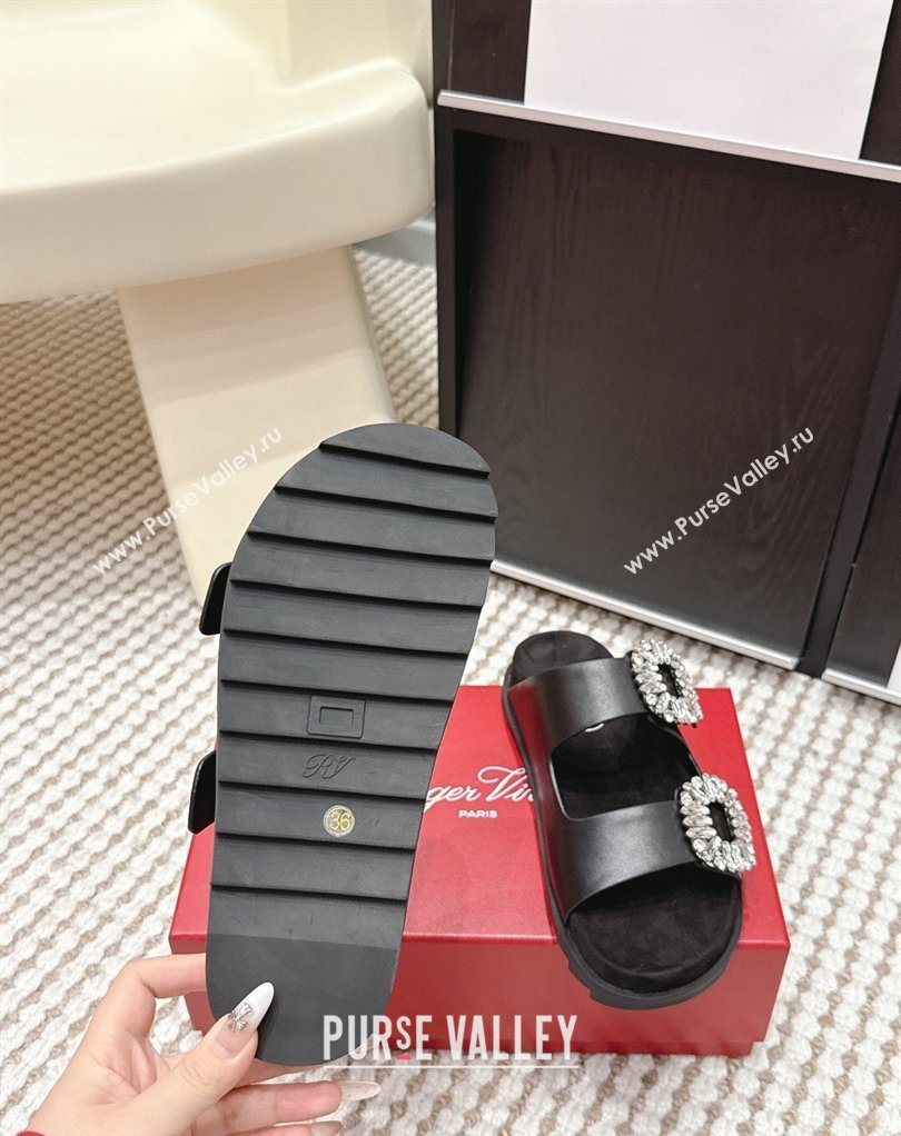 Roger Vivier Slidy Viv Strass Buckle Flat Slides Sandal in Leather Black 2026 0224 (KL-260225051)