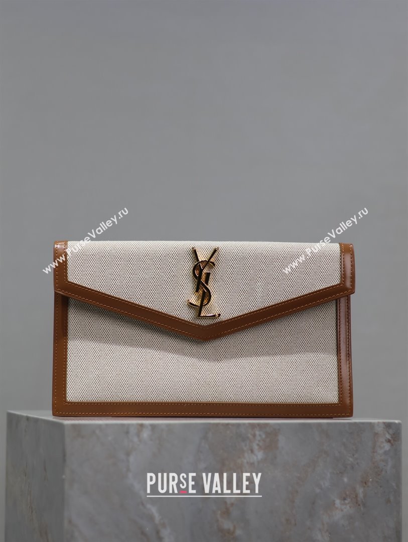 Saint Laurent Uptown Pouch in Leather and Fabric 565739 Brown 2024 (MHUI-24073001)