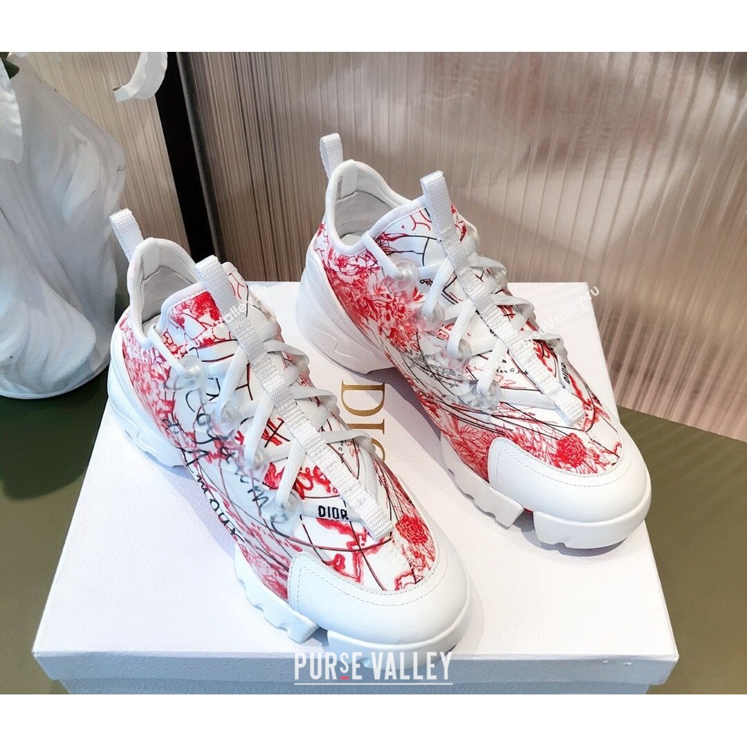 Dior D-Connect Dioramour Sneakers in D-Royaume dAmour Printed Technical Fabric White/Red 2021 (KL-21081618)