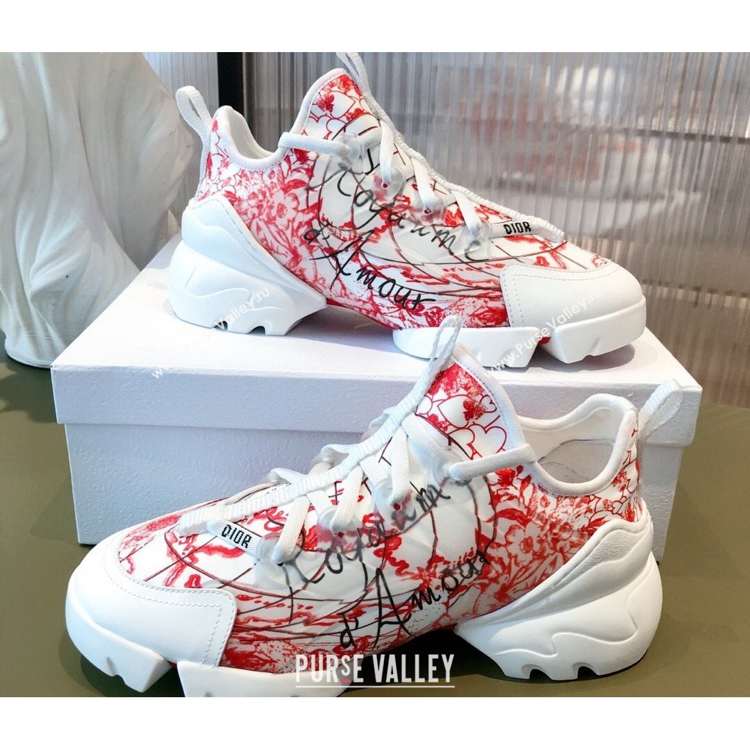 Dior D-Connect Dioramour Sneakers in D-Royaume dAmour Printed Technical Fabric White/Red 2021 (KL-21081618)