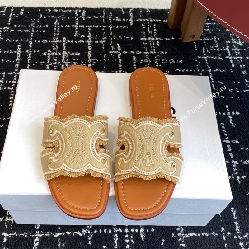 Celine Marina Fringed Flat Slides Sandal in Cotton Canvas Beige 2025 (SS-250709074)