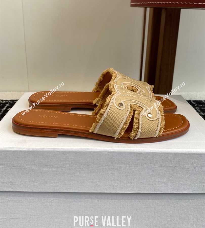 Celine Marina Fringed Flat Slides Sandal in Cotton Canvas Beige 2025 (SS-250709074)
