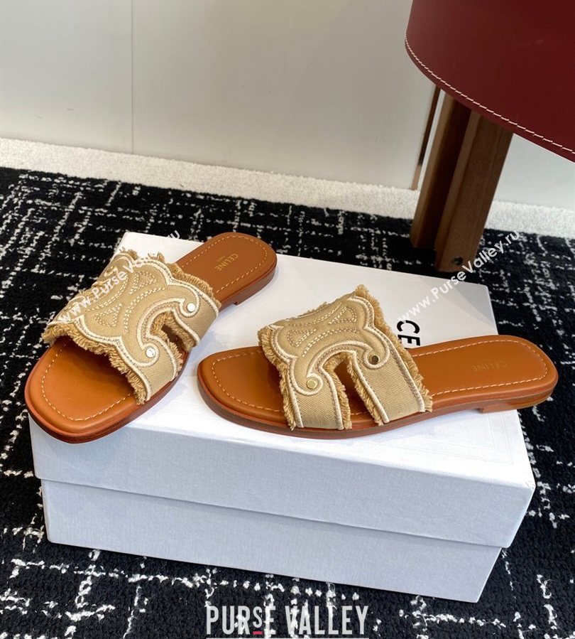 Celine Marina Fringed Flat Slides Sandal in Cotton Canvas Beige 2025 (SS-250709074)