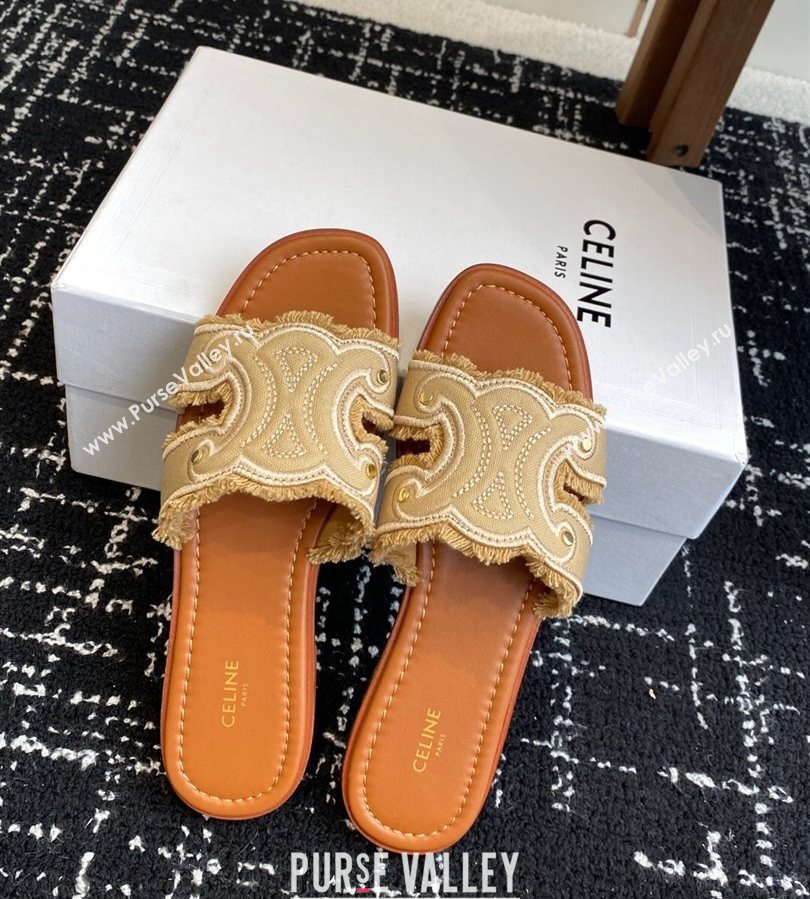 Celine Marina Fringed Flat Slides Sandal in Cotton Canvas Beige 2025 (SS-250709074)