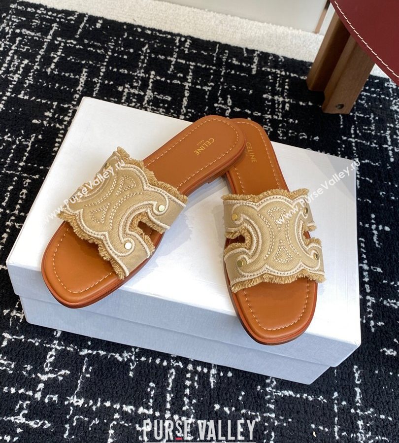 Celine Marina Fringed Flat Slides Sandal in Cotton Canvas Beige 2025 (SS-250709074)
