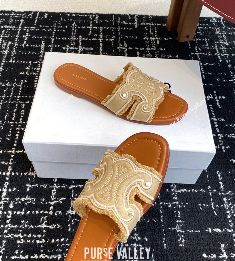 Celine Marina Fringed Flat Slides Sandal in Cotton Canvas Beige 2025 (SS-250709074)