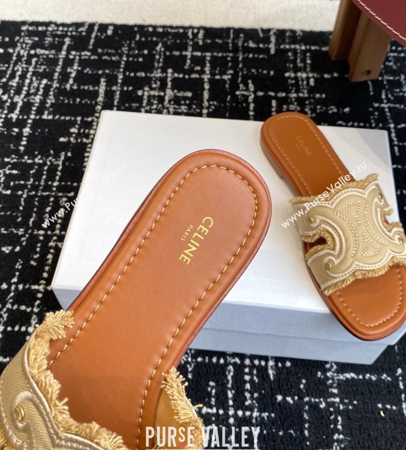 Celine Marina Fringed Flat Slides Sandal in Cotton Canvas Beige 2025 (SS-250709074)