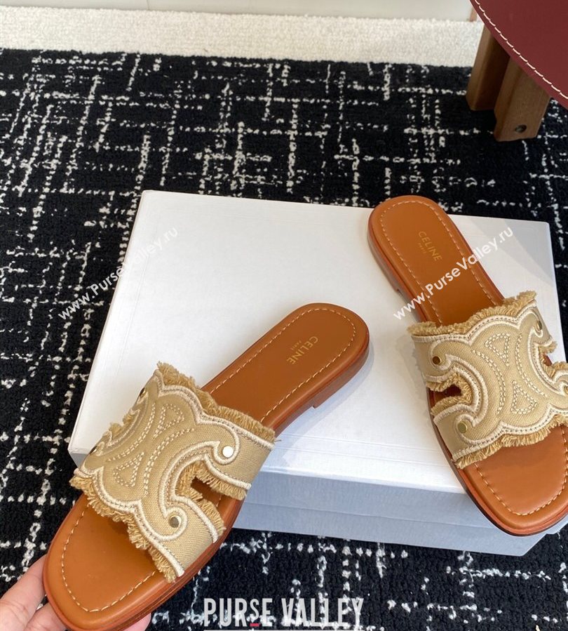 Celine Marina Fringed Flat Slides Sandal in Cotton Canvas Beige 2025 (SS-250709074)