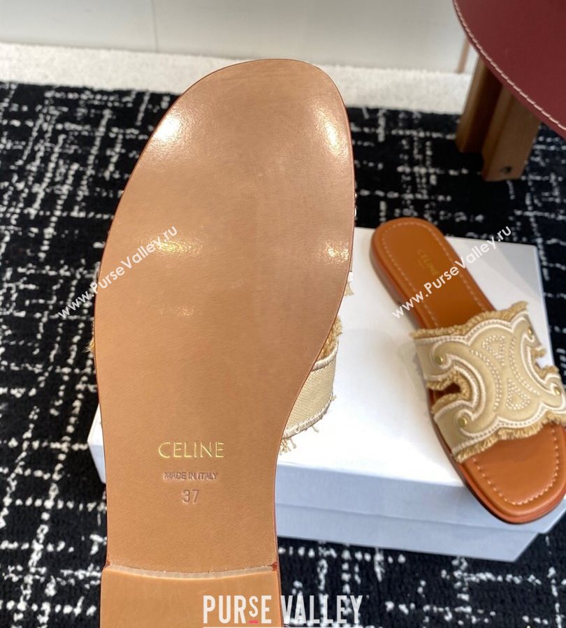 Celine Marina Fringed Flat Slides Sandal in Cotton Canvas Beige 2025 (SS-250709074)