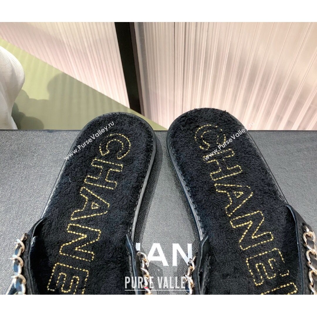 Chanel Leather Towel Chain Flat Thong Slide Sandals Black 2021 (KL-21081623)