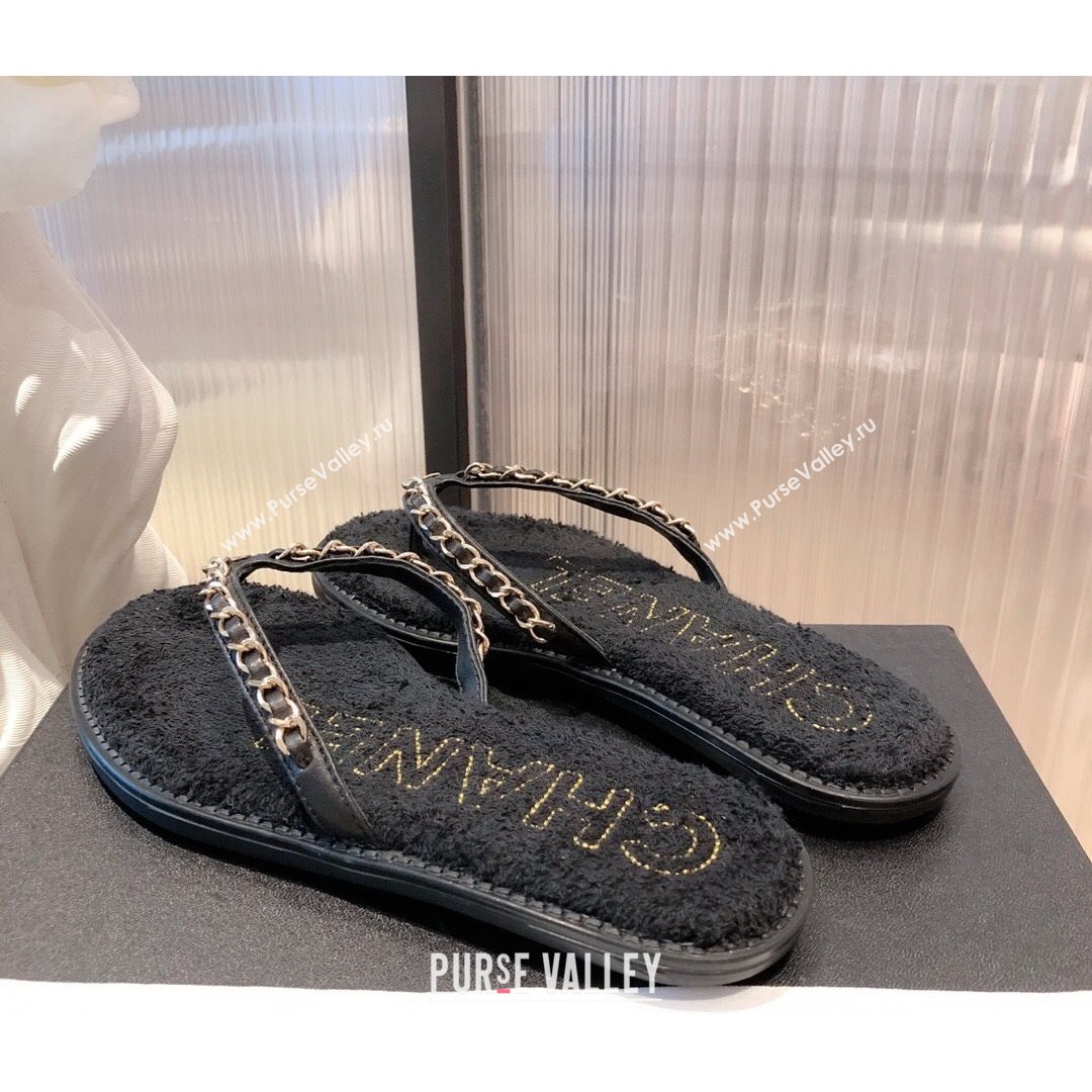 Chanel Leather Towel Chain Flat Thong Slide Sandals Black 2021 (KL-21081623)