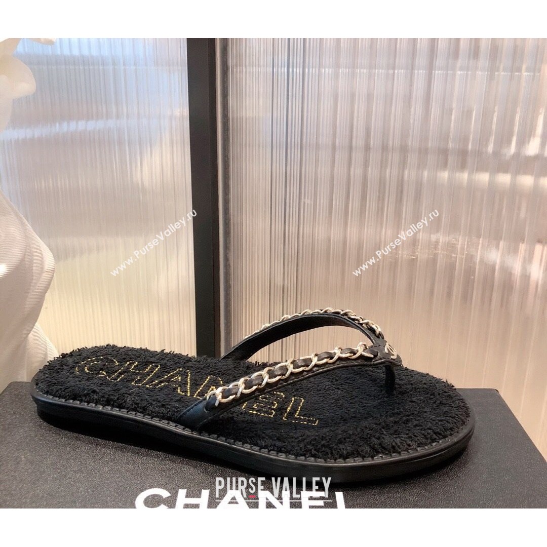 Chanel Leather Towel Chain Flat Thong Slide Sandals Black 2021 (KL-21081623)