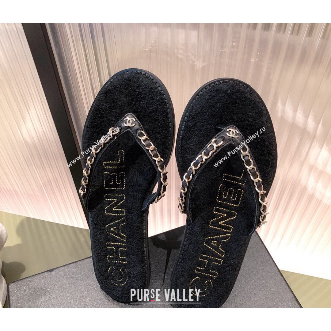 Chanel Leather Towel Chain Flat Thong Slide Sandals Black 2021 (KL-21081623)
