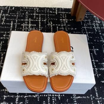 Celine Marina Fringed Flat Slides Sandal in Cotton Canvas White 2025 (SS-250709075)
